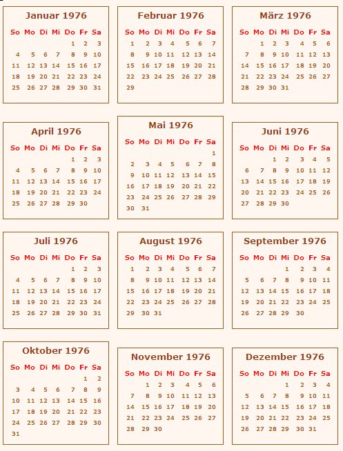 Kalender 1976 Feiertage